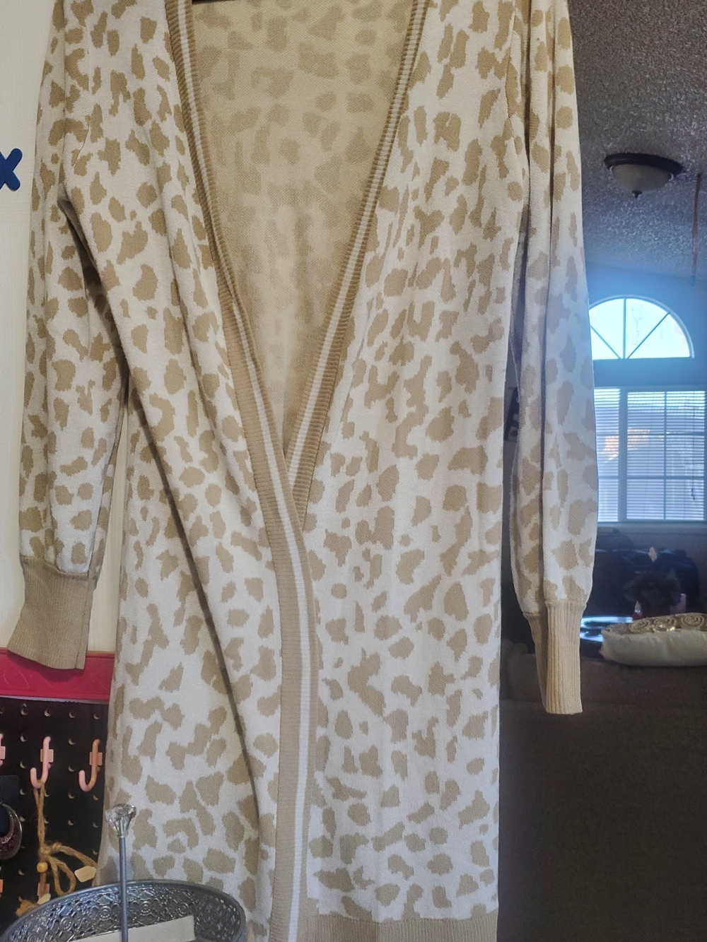 Beige Leopard Print Open-Front Women's Sweater Cardigan